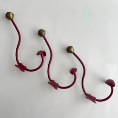 French Red Painted Double Wall Coat Hooks with Brass Detail - 3 available
