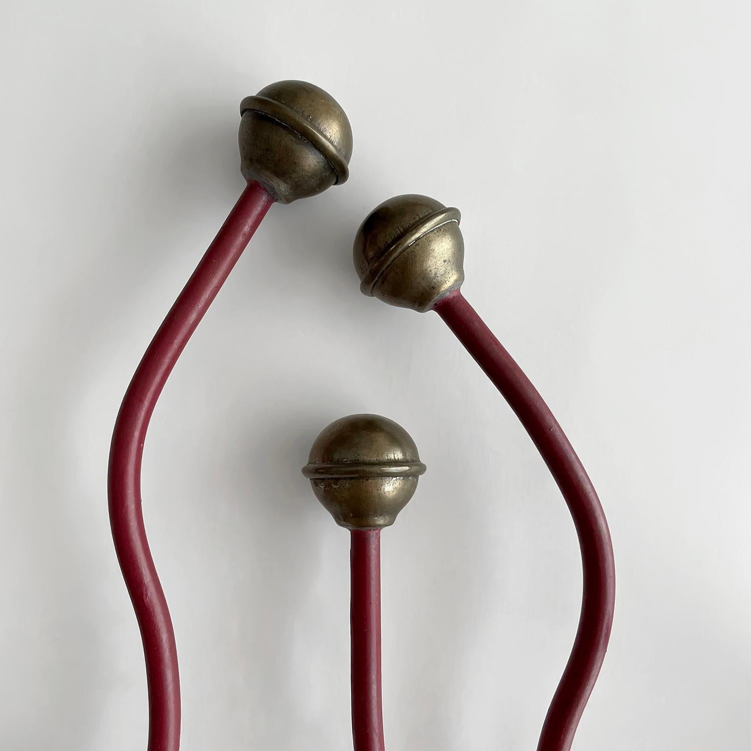 French Red Painted Double Wall Coat Hooks with Brass Detail - 3 available  In Good Condition For Sale In Los Angeles, CA