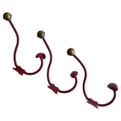 French Red Painted Double Wall Coat Hooks with Brass Detail - 3 available 