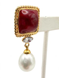 French Red "Pate de Verre" Glass Square Faux Pearl Drop Statement Earrings
