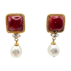 French Red "Pate de Verre" Glass Square Faux Pearl Drop Statement Earrings
