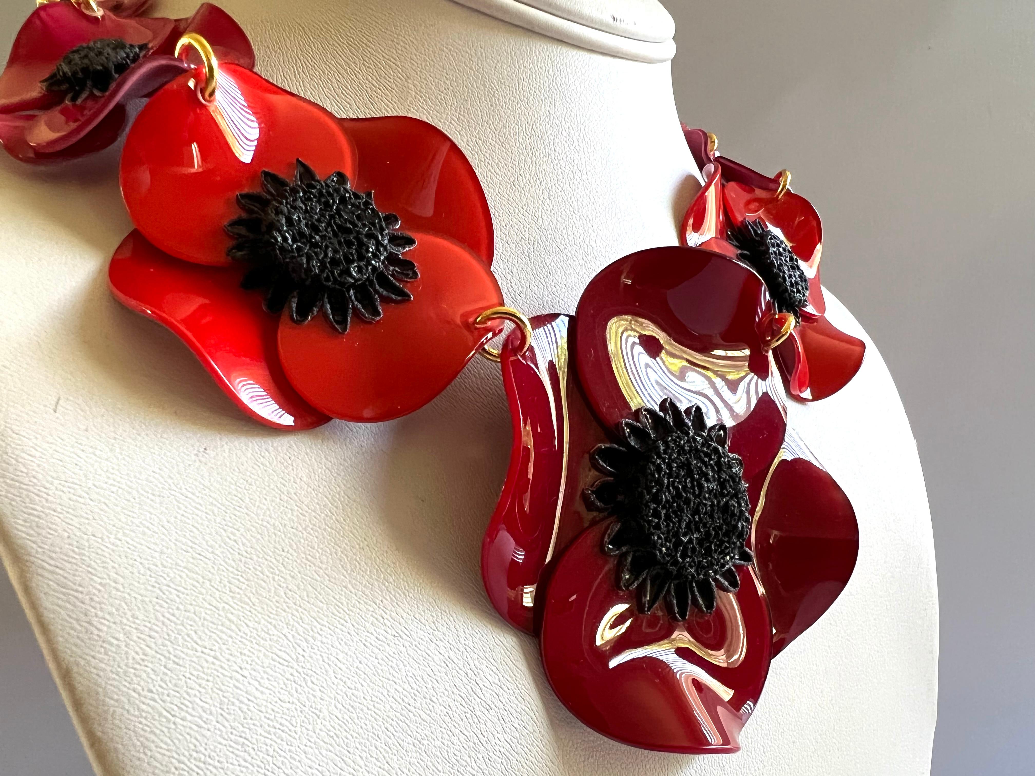 Contemporary French Red Poppy Statement Necklace 
