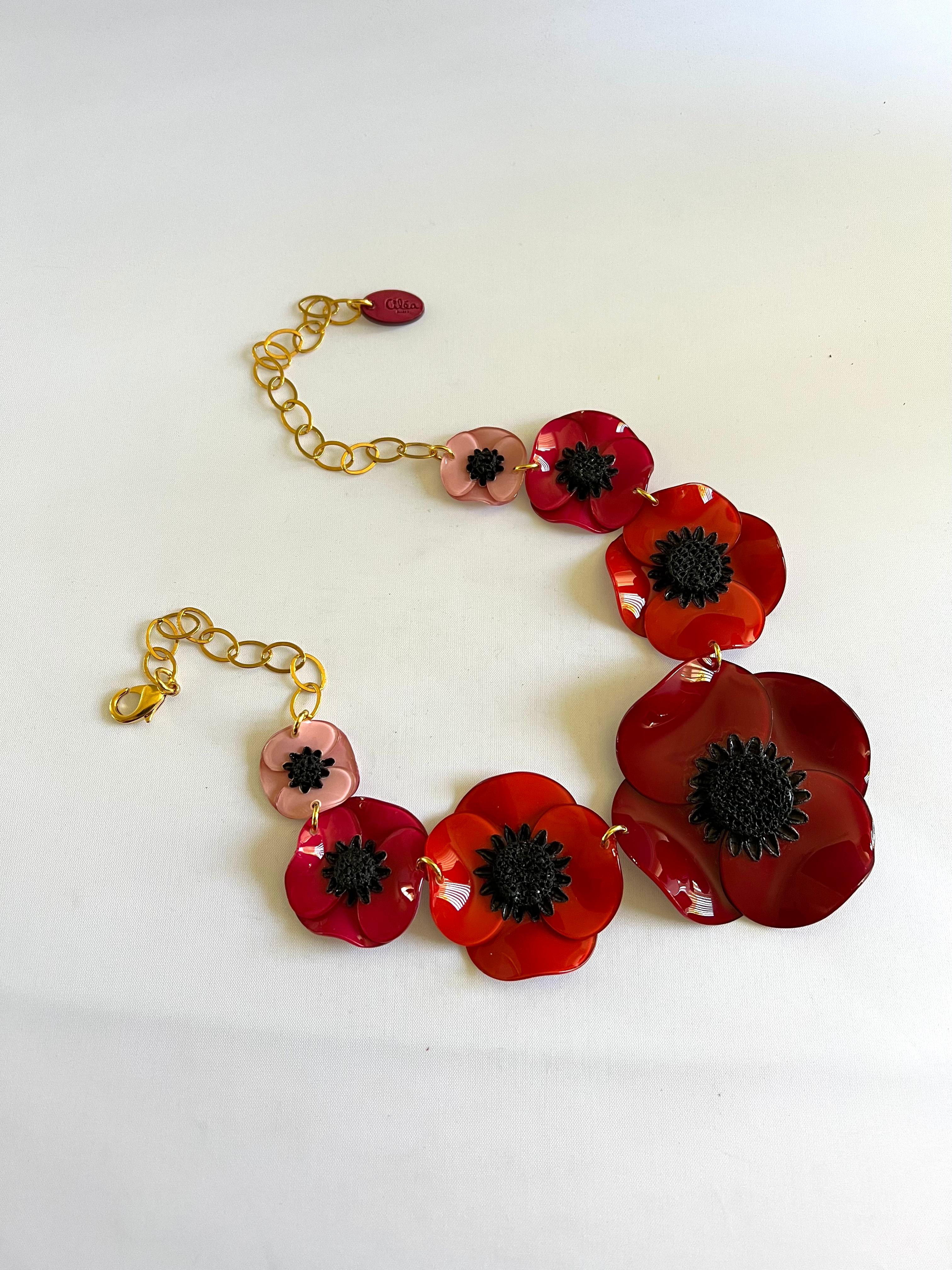 Women's French Red Poppy Statement Necklace 