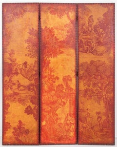 French Red Toile Manner Three Panel Screen