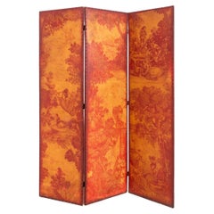 French Red Toile Manner Three Panel Screen