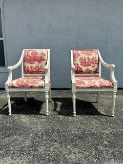 19th Century French Louis Style Red White Toile Giltwood Armchairs, Set of 2