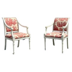 19th Century French Louis Style Red White Toile Giltwood Armchairs, Set of 2