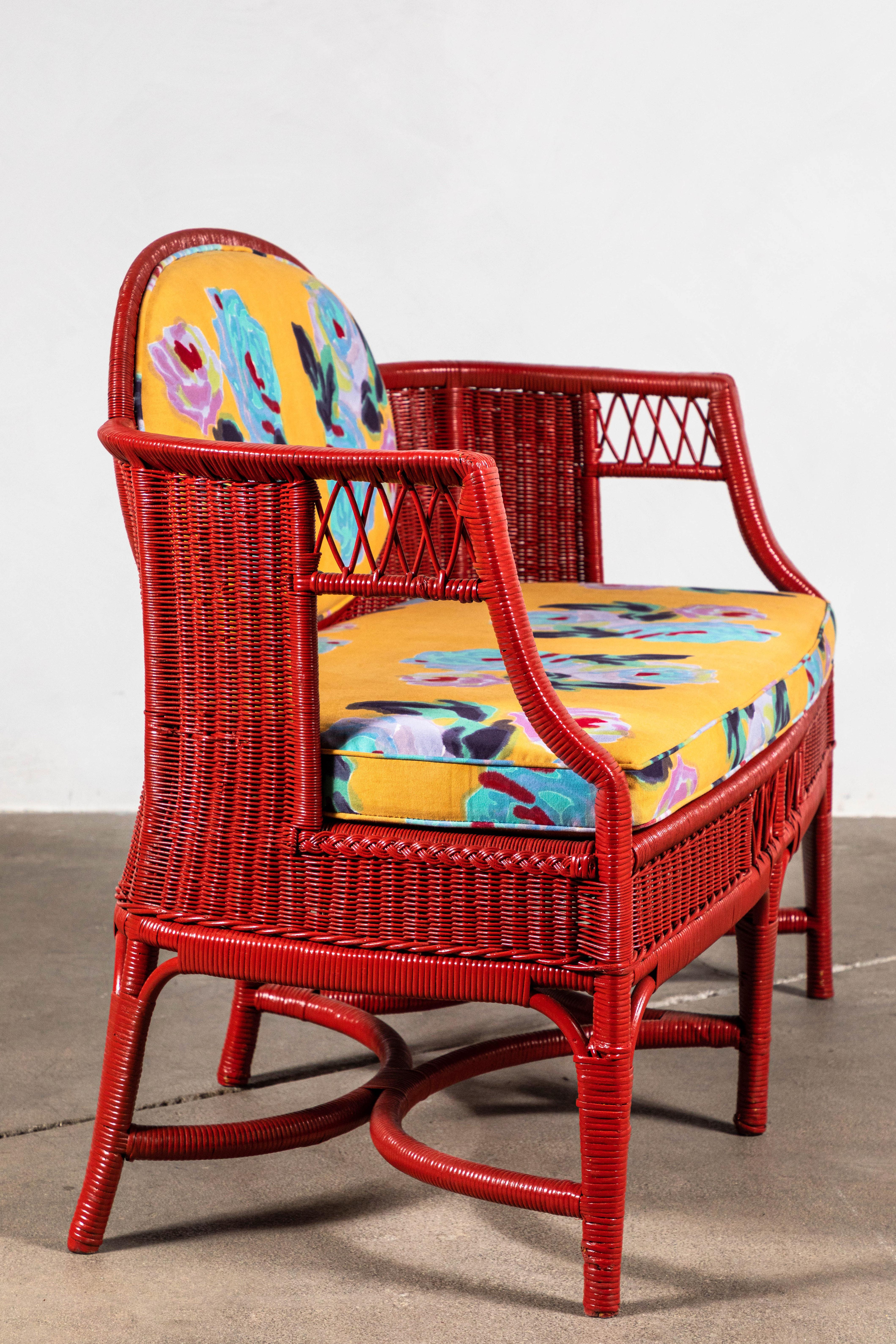 Mid-20th Century French Red Wicker Settee in Lisa Corti Floral Fabric