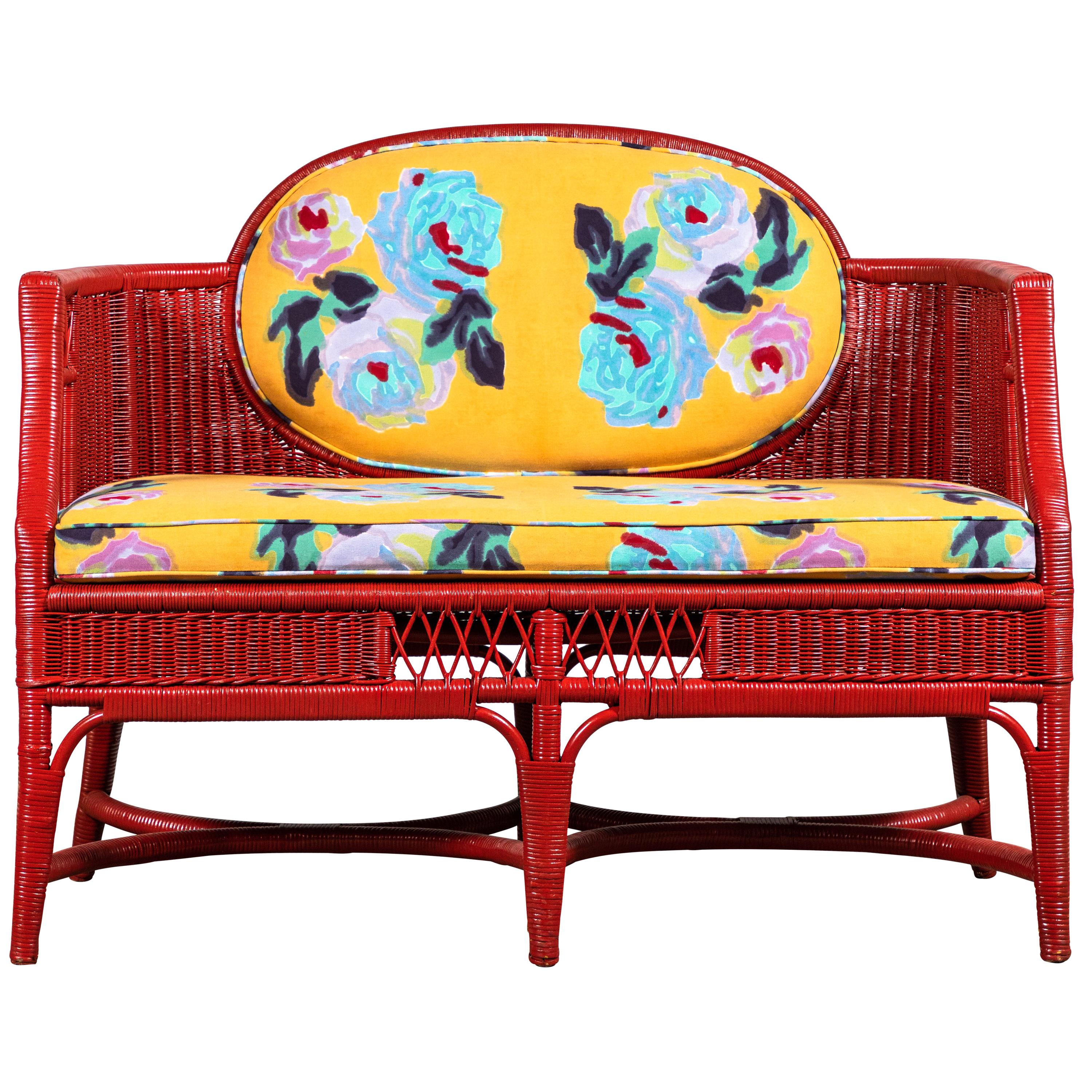 French Red Wicker Settee in Lisa Corti Floral Fabric