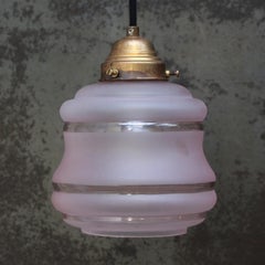 French Reeded Pink Coloured Glass & Brass Pendant Lamps