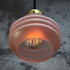 French Reeded Pink Coloured Glass & Brass Pendant Lamps