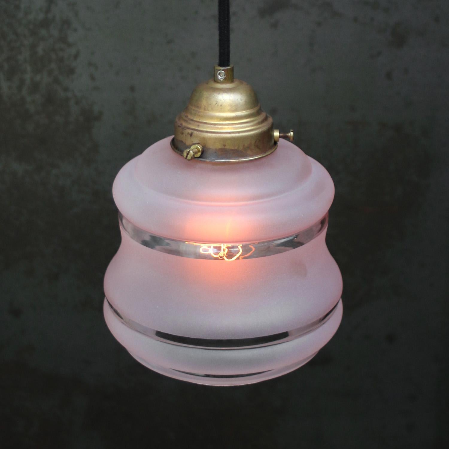 Mid-Century Modern French Reeded Pink Coloured Glass & Brass Pendant Lamps For Sale
