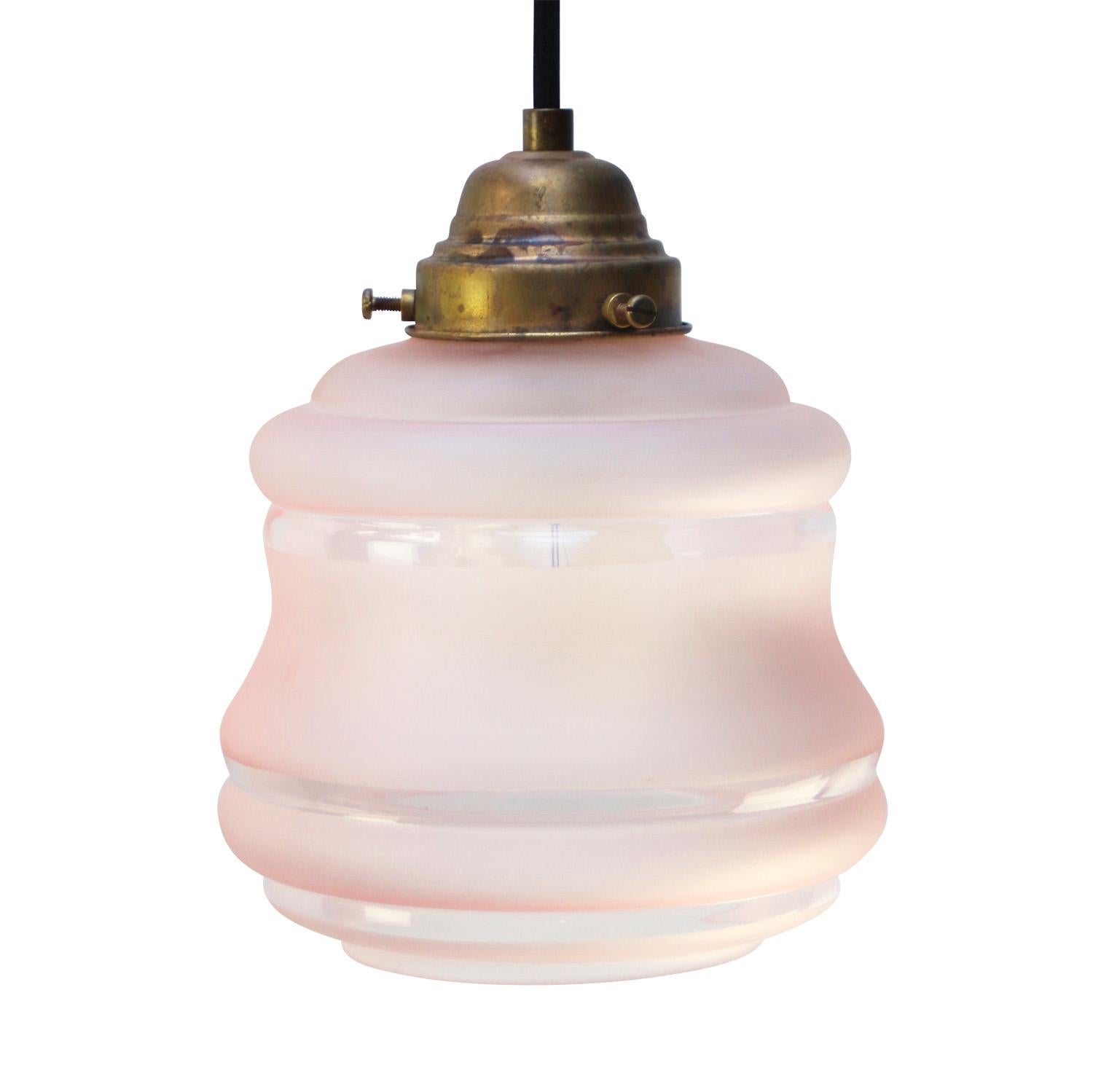 20th Century French Reeded Pink Coloured Glass & Brass Pendant Lamps For Sale