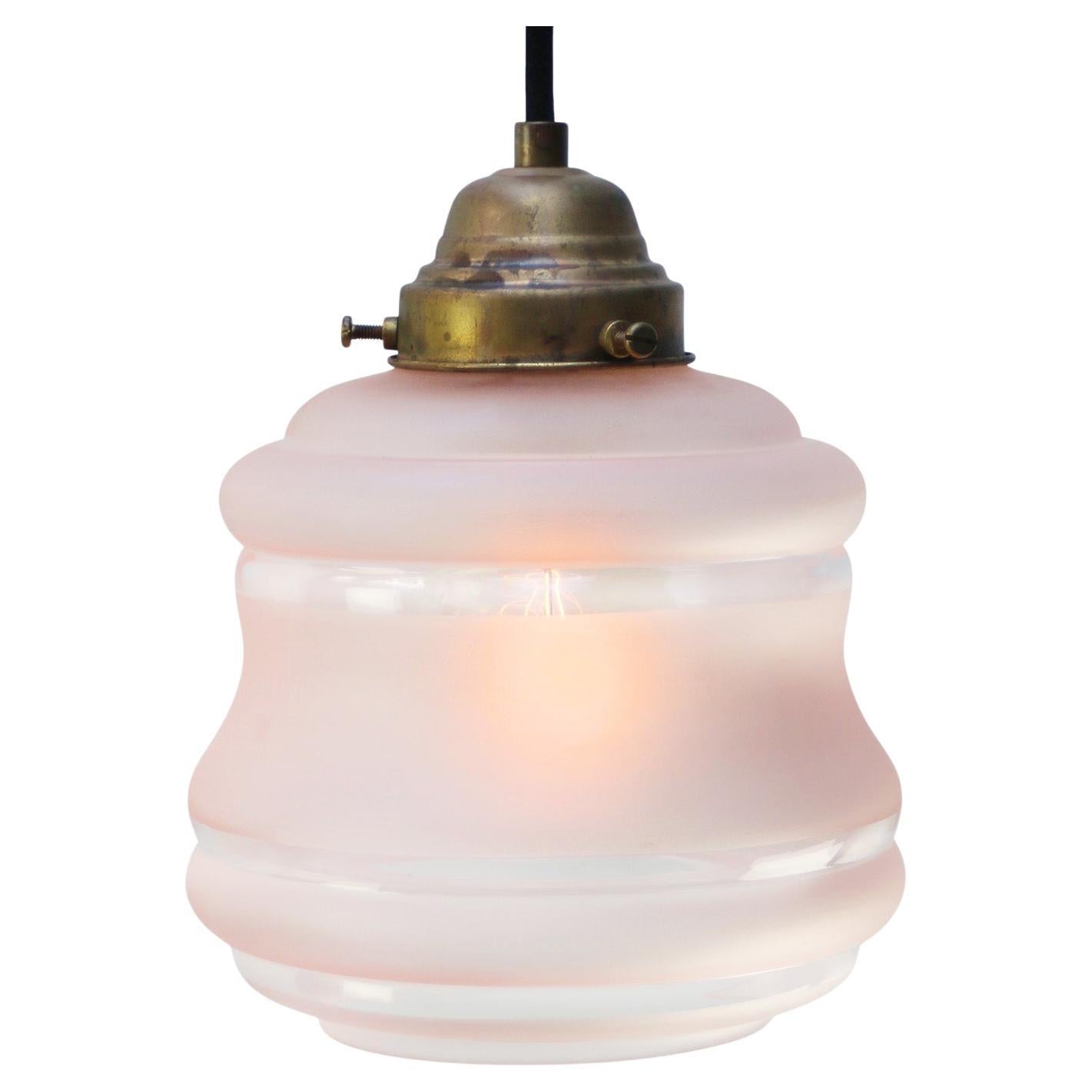French Reeded Pink Coloured Glass & Brass Pendant Lamps