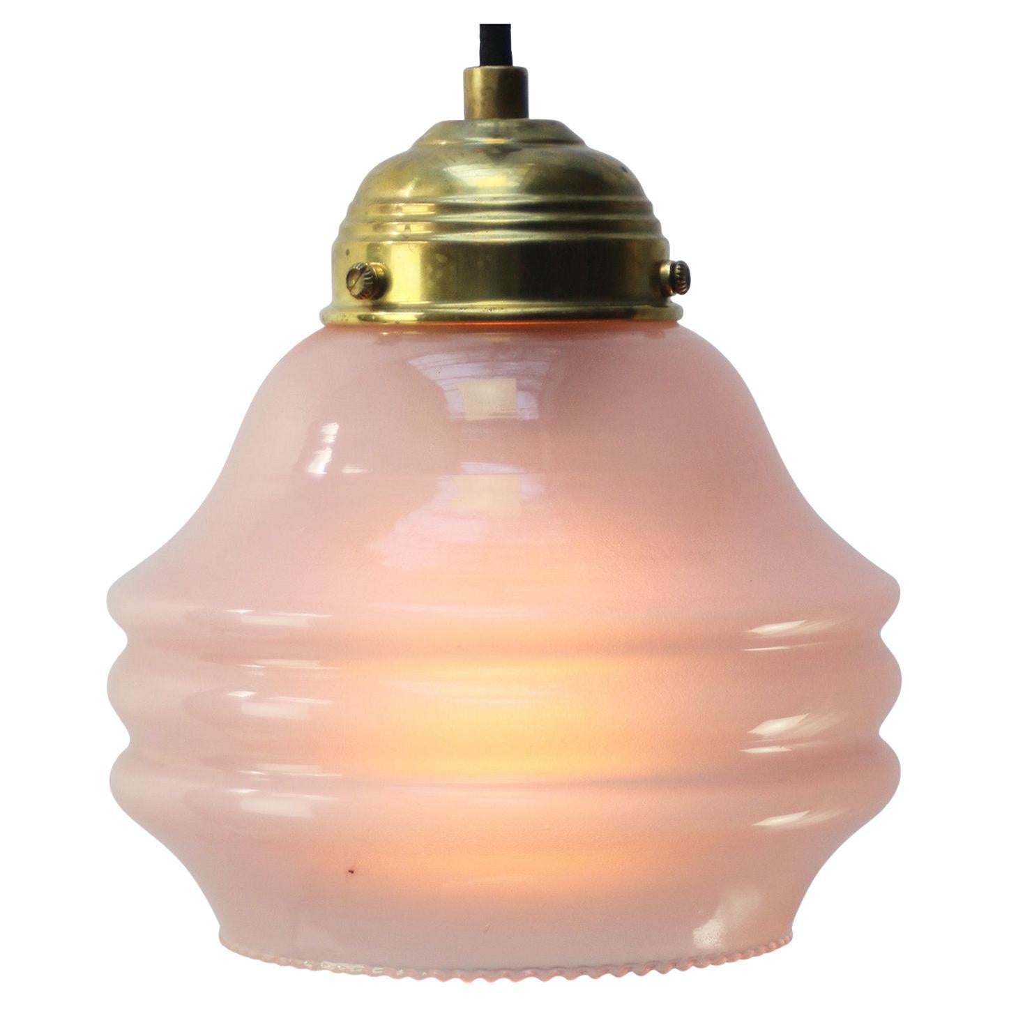 French Reeded Pink Coloured Glass & Brass Pendant Lamps
