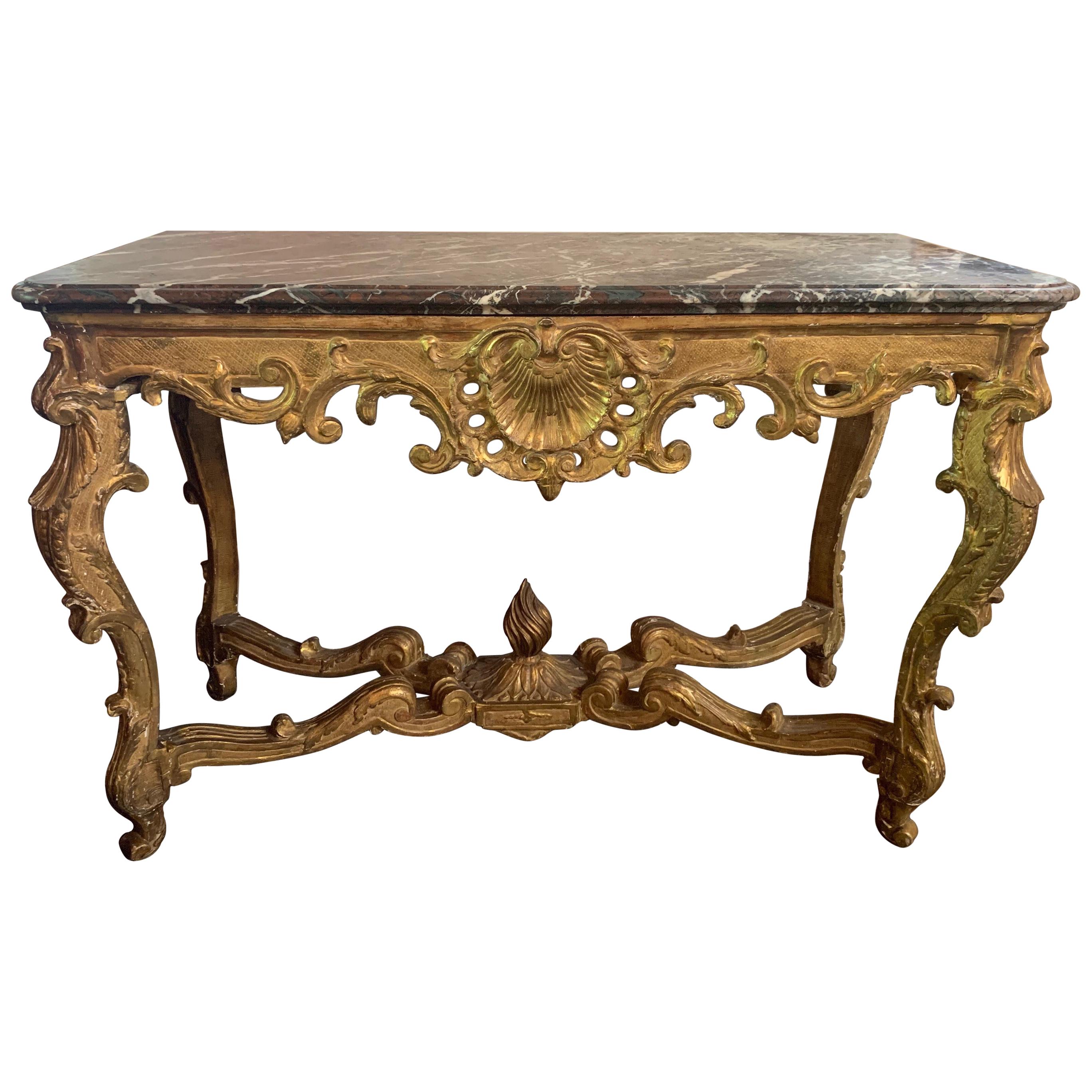 French Regence Carved and Giltwood Console with Marble Top For Sale