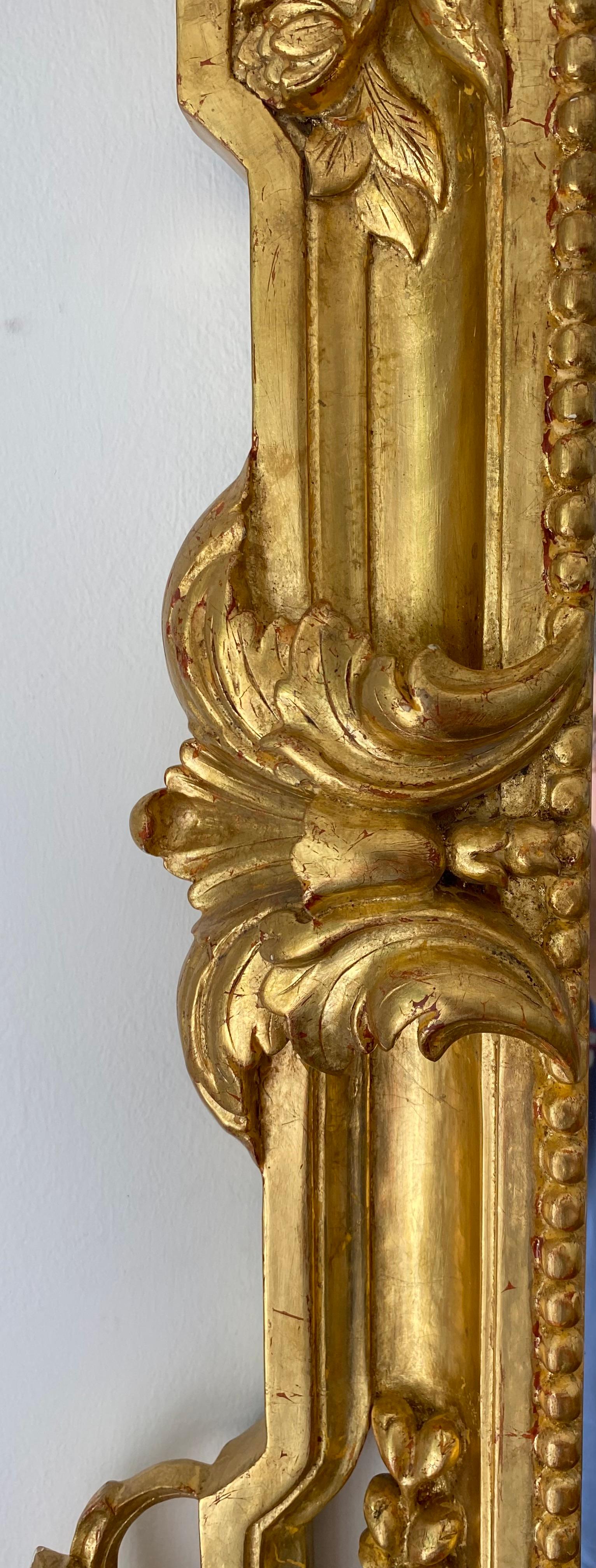 Large French Régence Giltwood Beveled Mirror Hand-Carved Vases & Birds Cresting For Sale 9