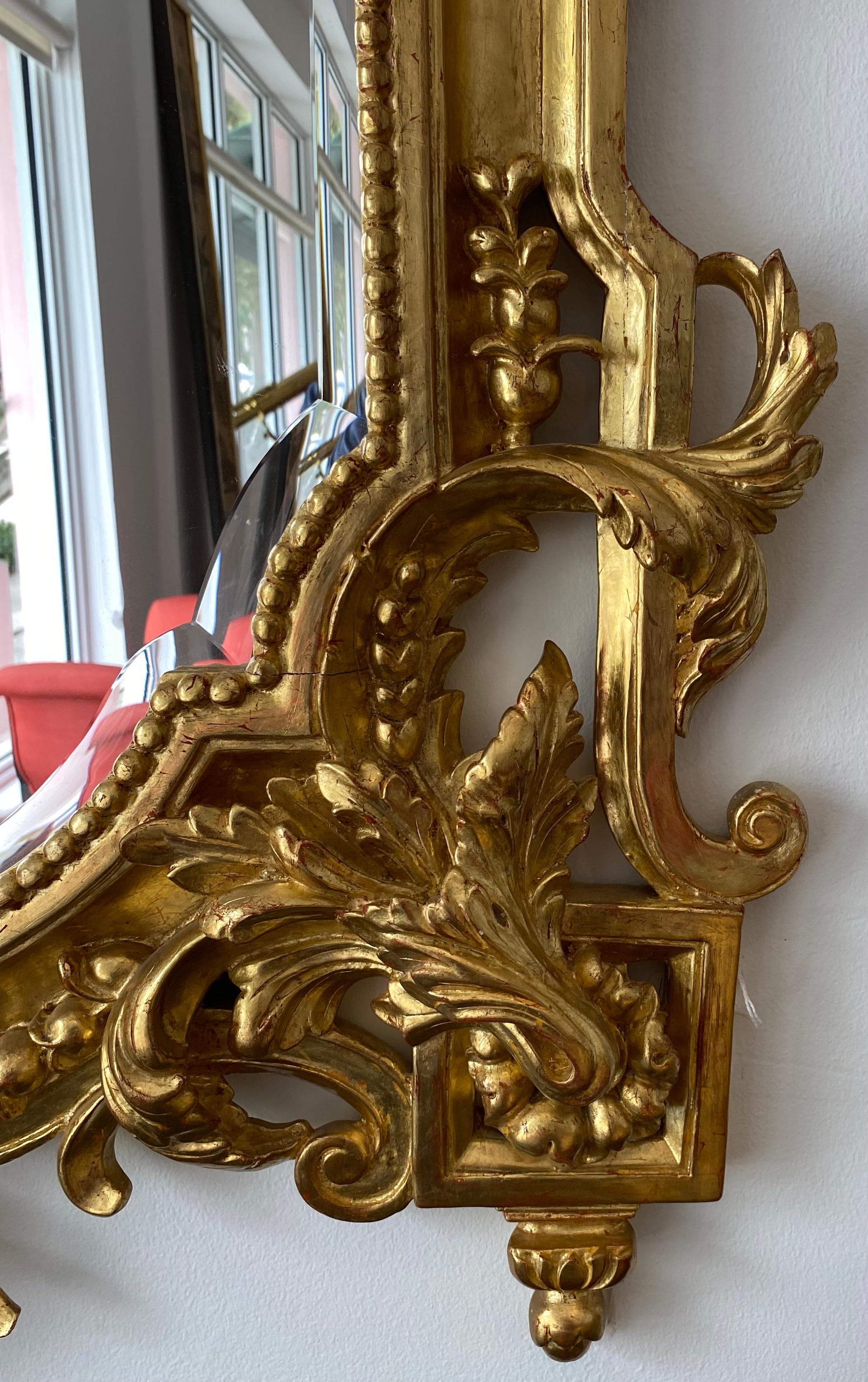 Large French Régence Giltwood Beveled Mirror Hand-Carved Vases & Birds Cresting For Sale 2