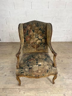 French Régence Giltwood Wingback Armchair with 19th Century Tapestry, Early 18th