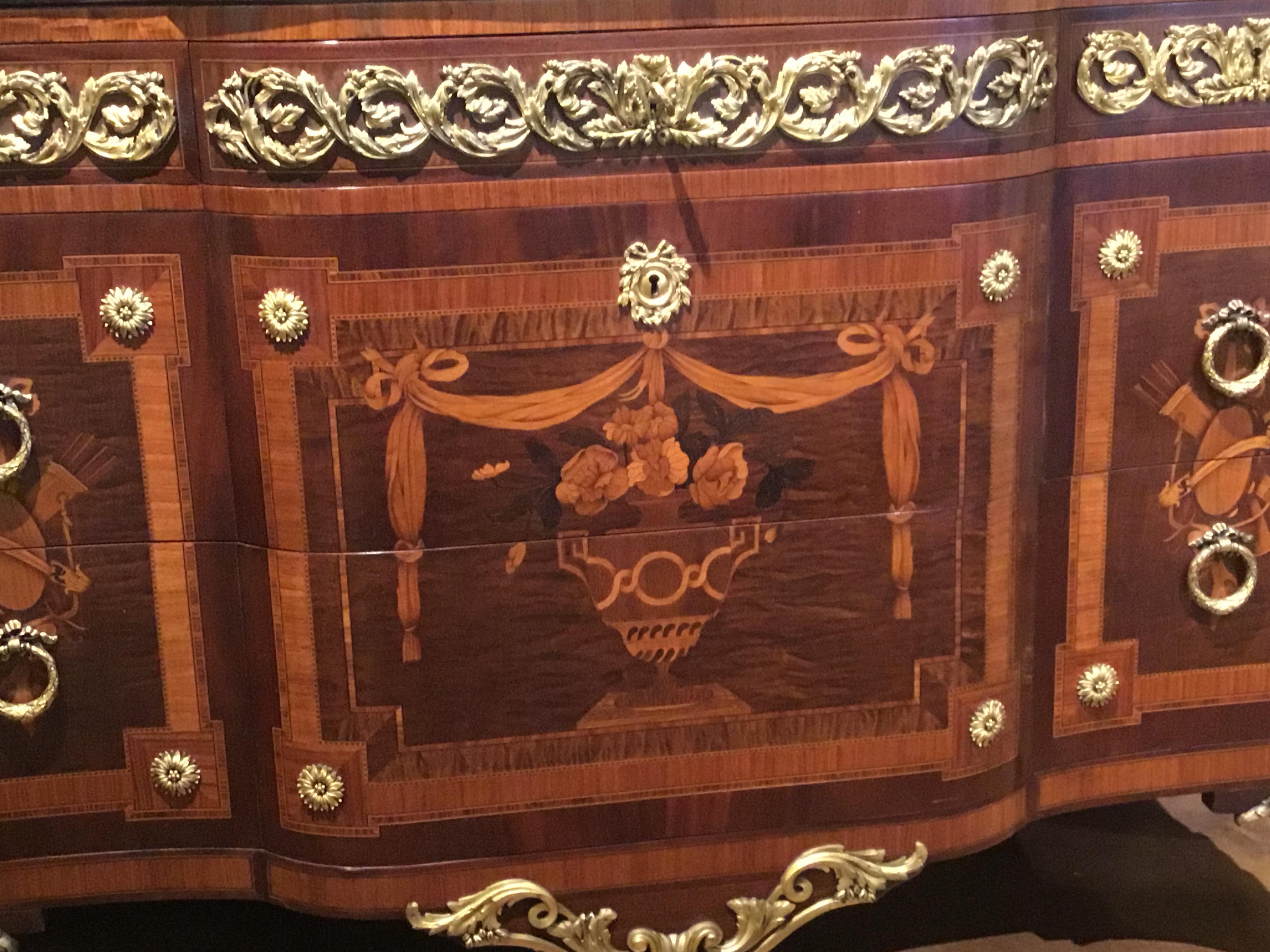 Mahogany French Regence Marquetry Commode 19th Century with Fine Bronze Dore Mounts