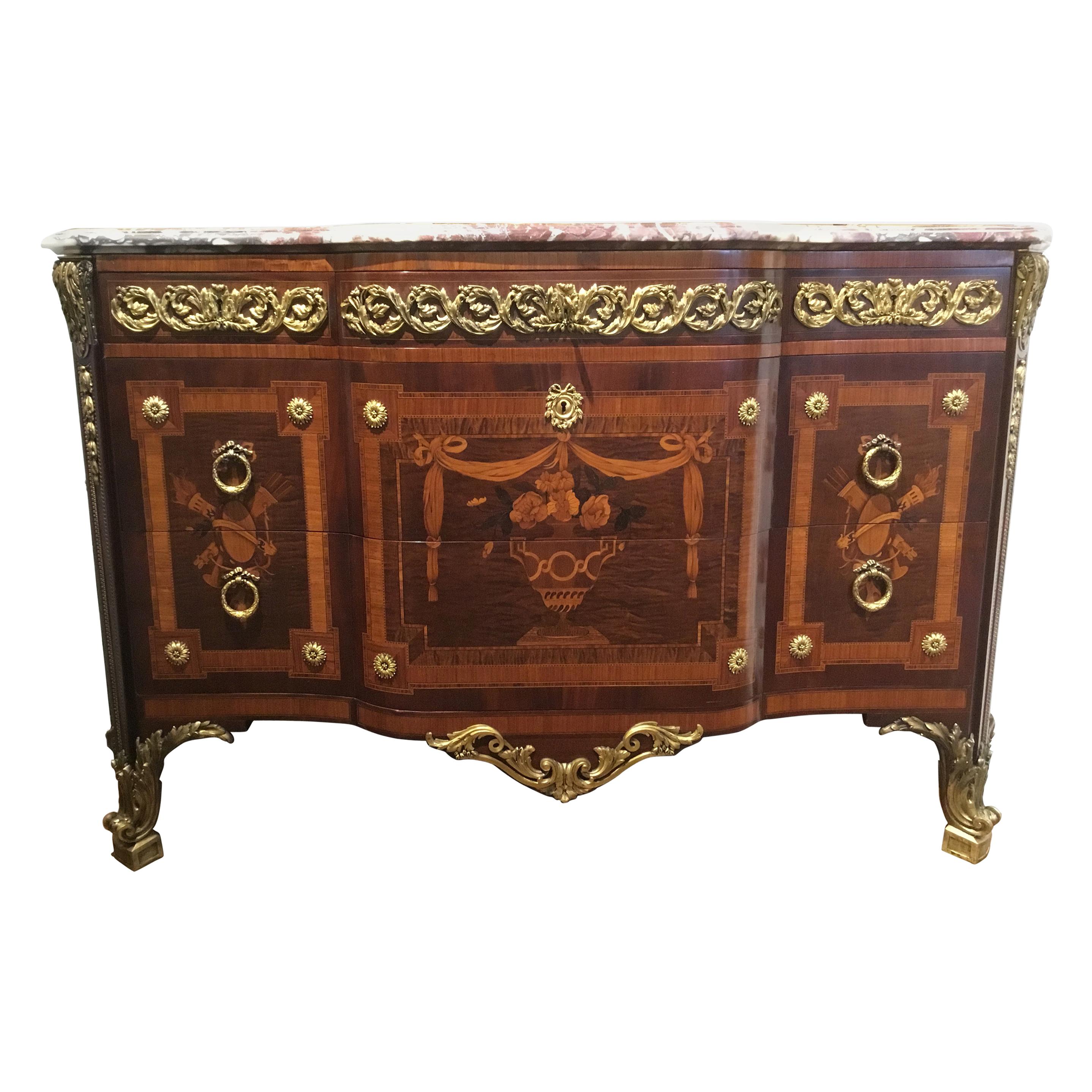 French Regence Marquetry Commode 19th Century with Fine Bronze Dore Mounts