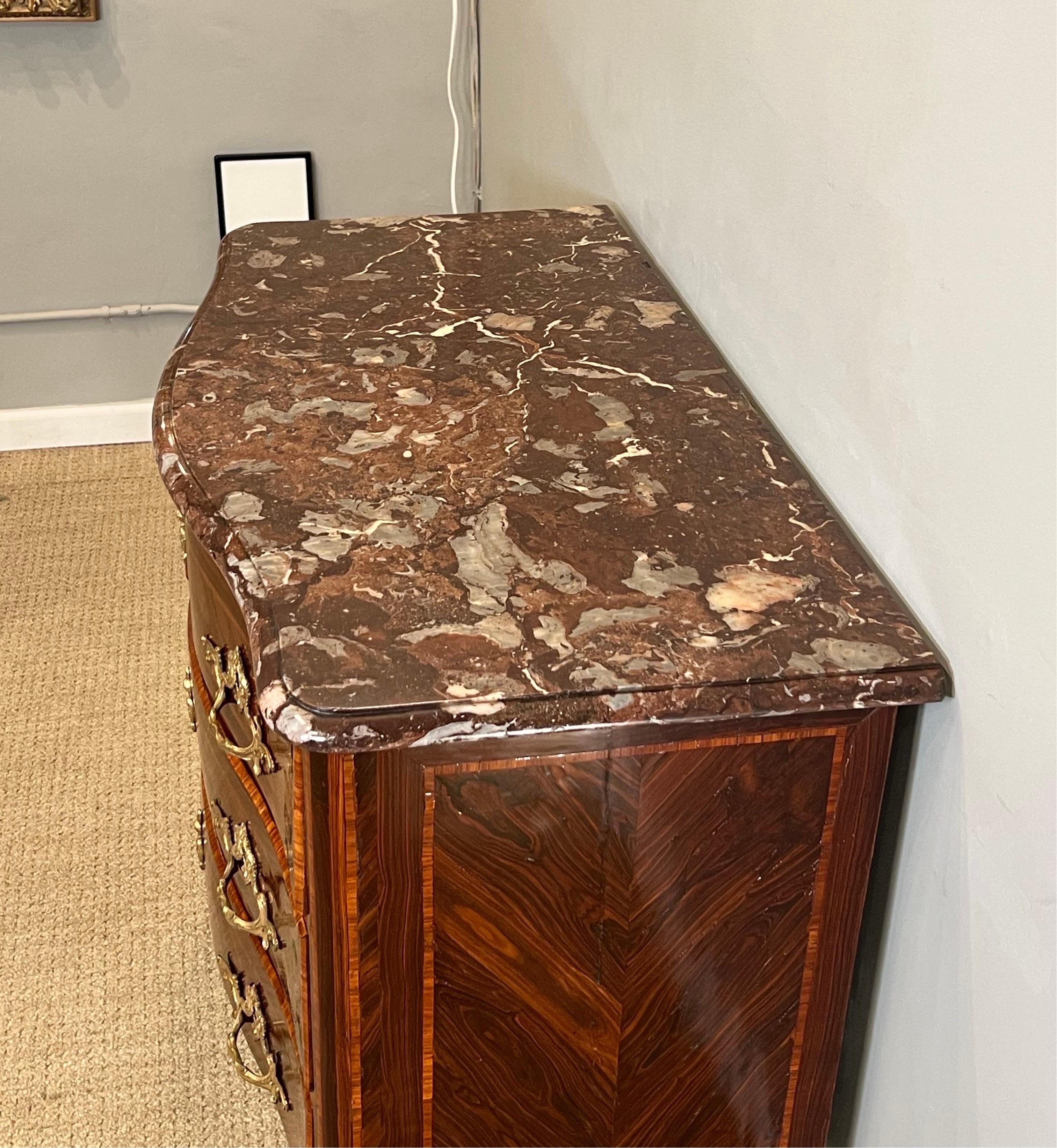 18th Century French Régence Ormolu-Mounted Rosewood & Kingwood Inlay Rouge Marble Top Commode For Sale