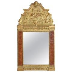 Antique French Regence Period Carved Giltwood and Walnut Parquet Decorated Mirror