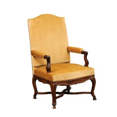 French Régence Style 1790s Walnut Fauteuil with Carved X-Form Cross Stretcher