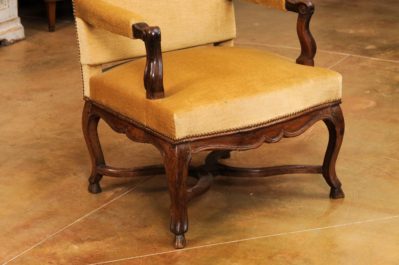 18th Century French Régence Style 1790s Walnut Fauteuil with Carved X-Form Cross Stretcher