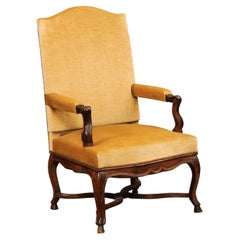 French Régence Style 1790s Walnut Fauteuil with Carved X-Form Cross Stretcher