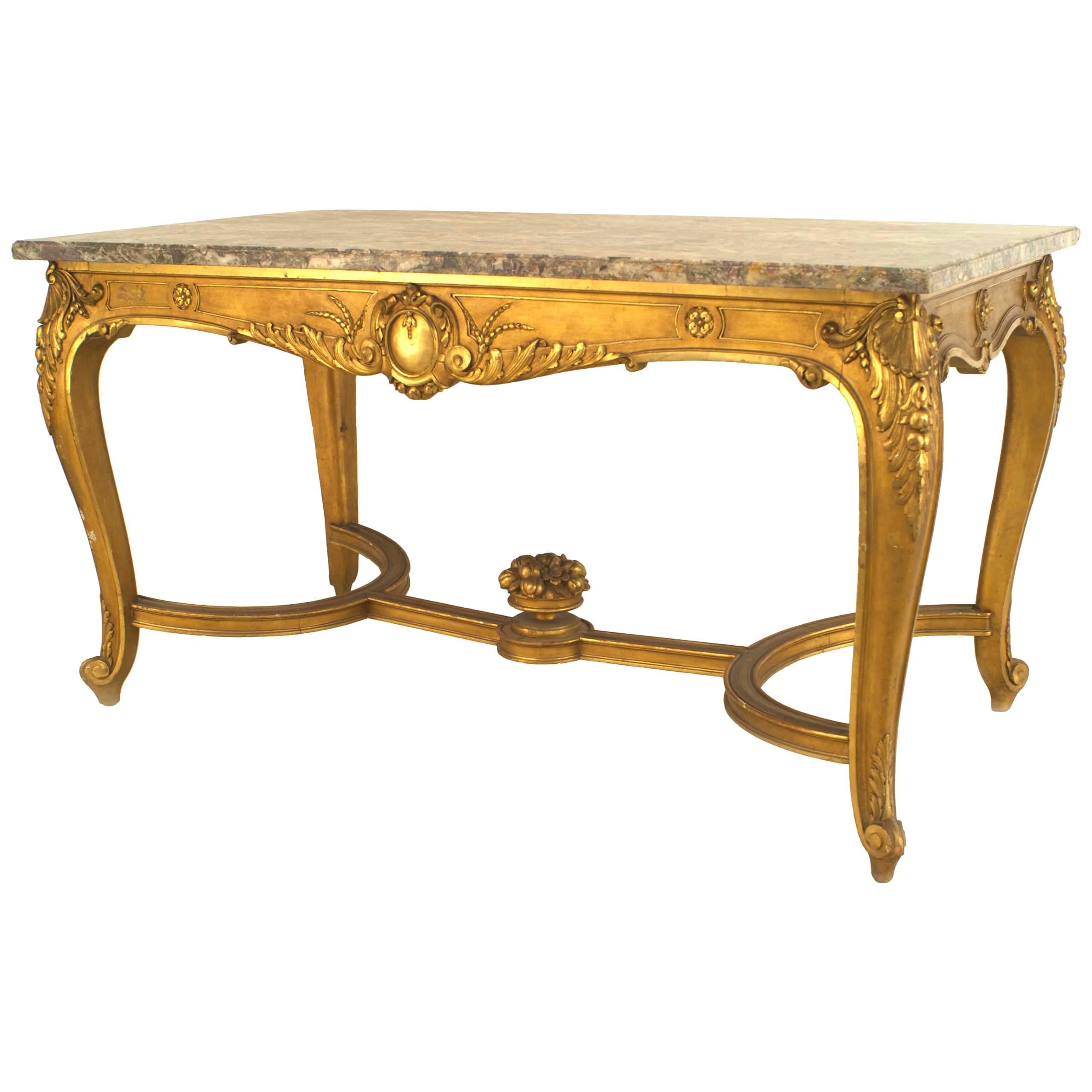 French Regence Style Gilt Center Table with Grey Marble Top For Sale