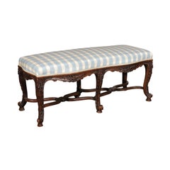 French Régence Style 19th Century Upholstered Wooden Bench with Carved Foliage