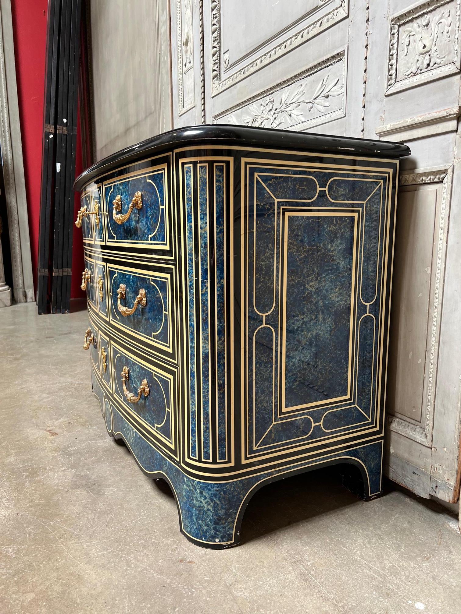 Cast French Regence Style Commode with a Blue, White and Black Lacquered Finish For Sale