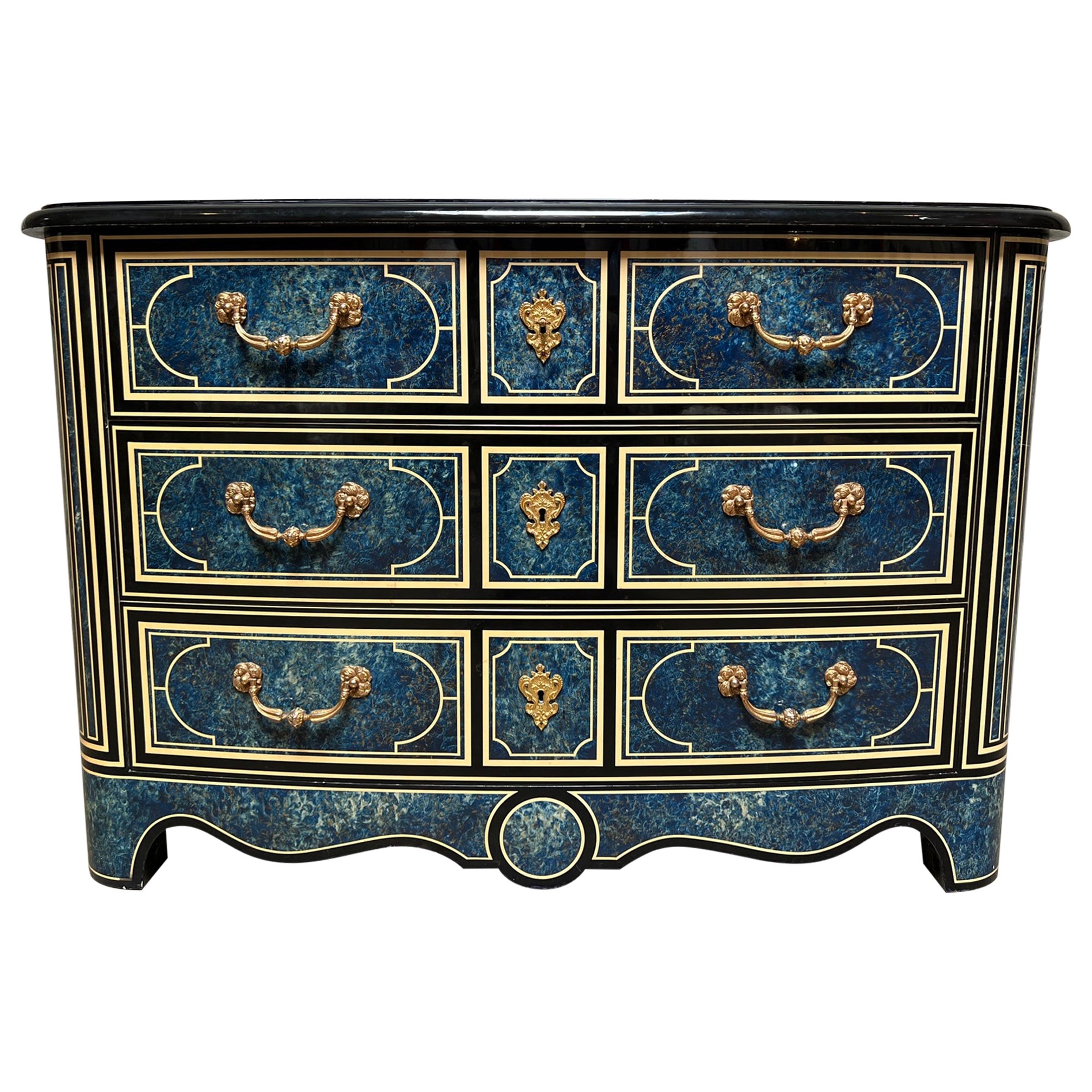 French Regence Style Commode with a Blue, White and Black Lacquered Finish For Sale
