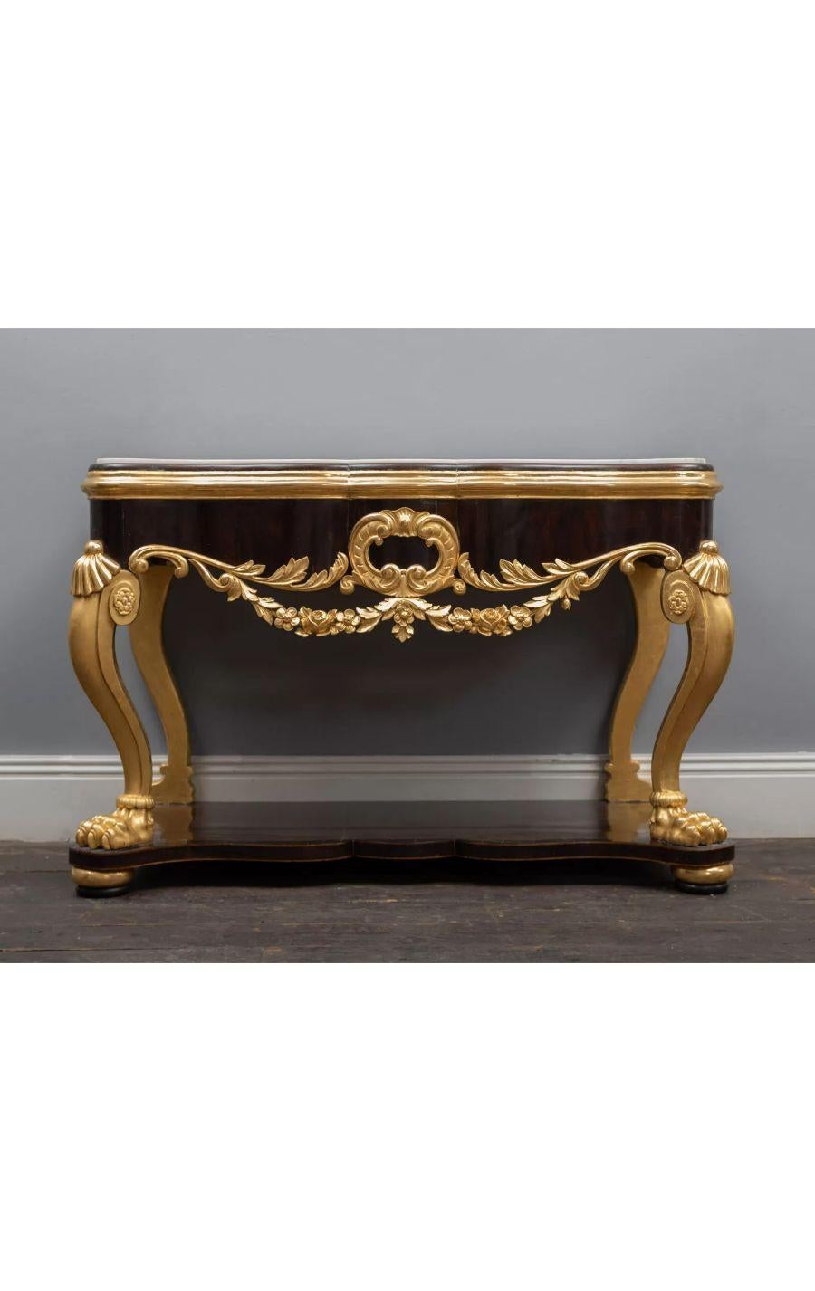 Carved French Régence Style dark wood and gilt Console Table, circa 1860 For Sale