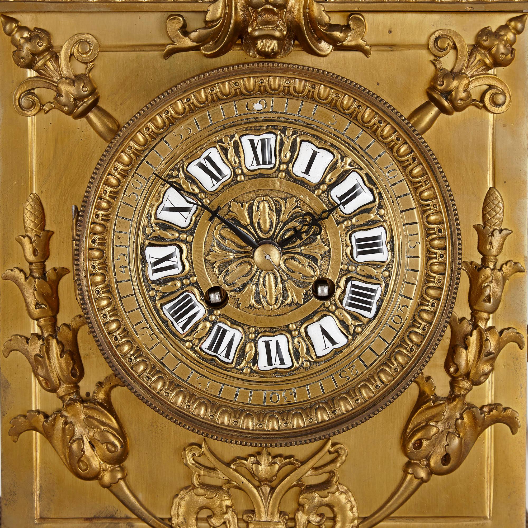 French Régence Style Gilt Bronze Clock Garniture In Good Condition For Sale In London, GB