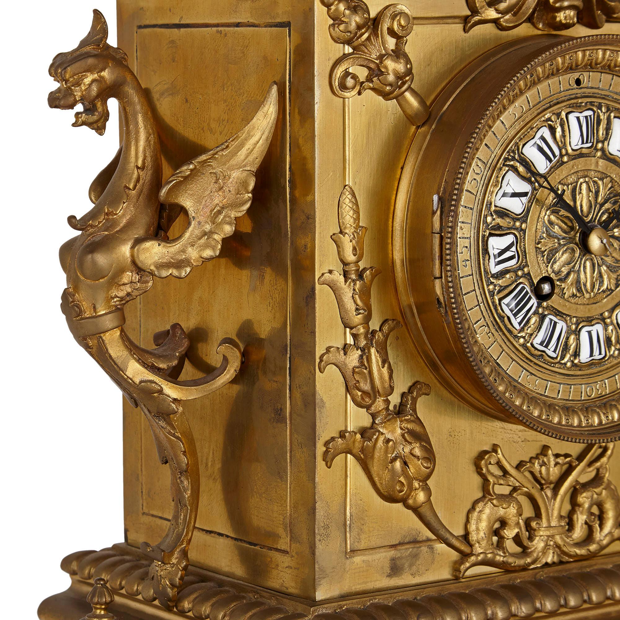 19th Century French Régence Style Gilt Bronze Clock Garniture For Sale