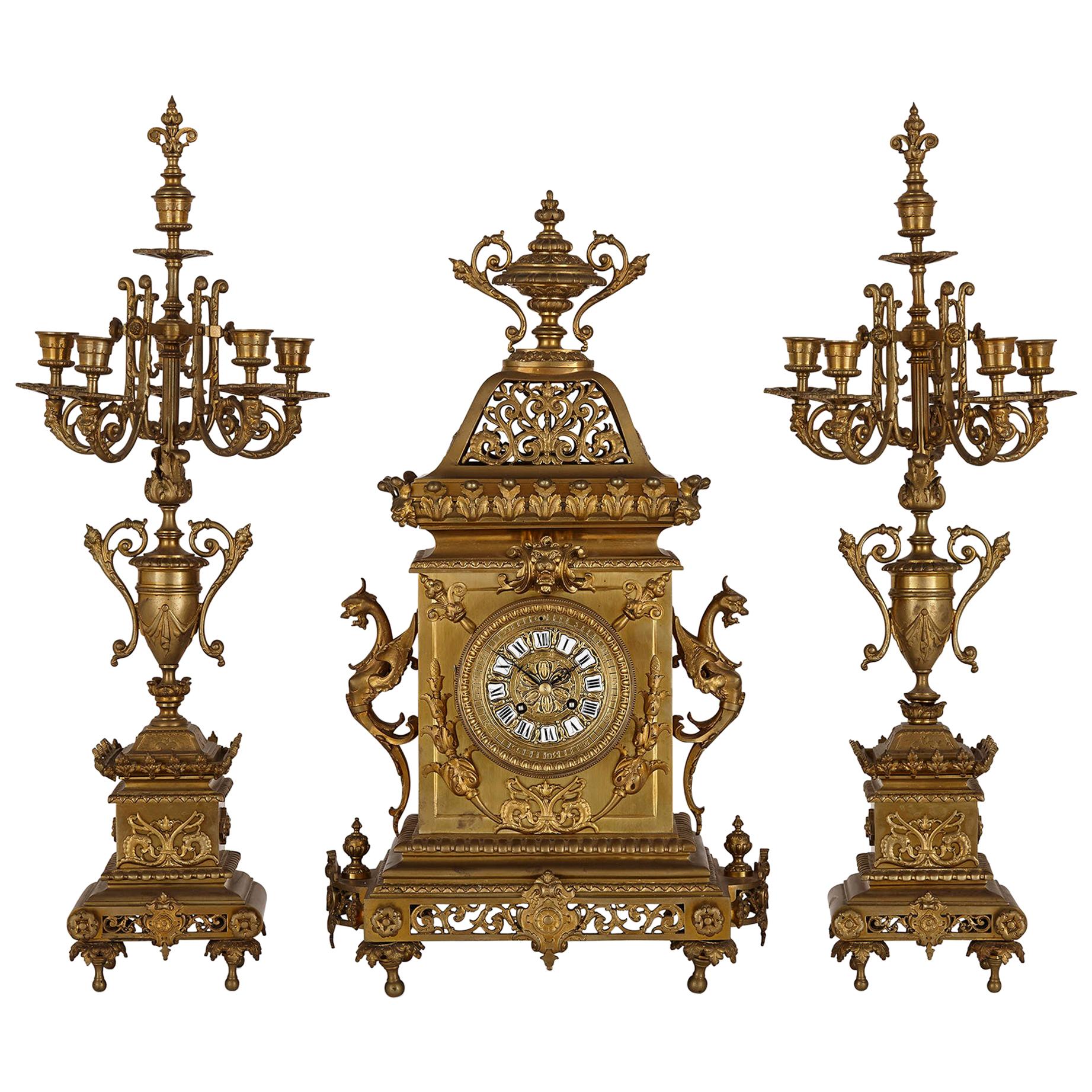 French Régence Style Gilt Bronze Clock Garniture