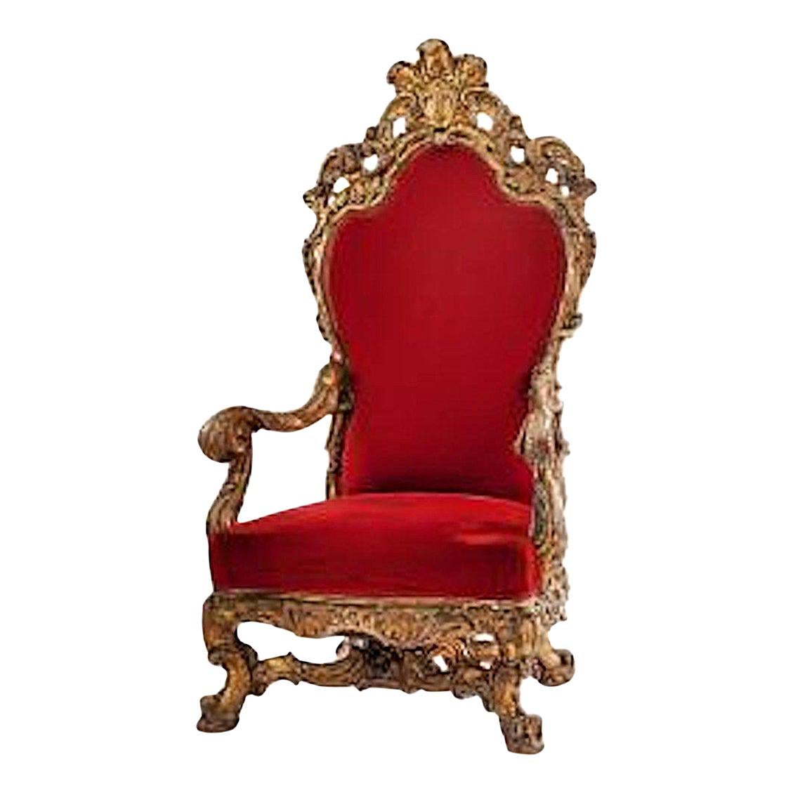 Chaise trône de style Régence française en velours rouge en vente