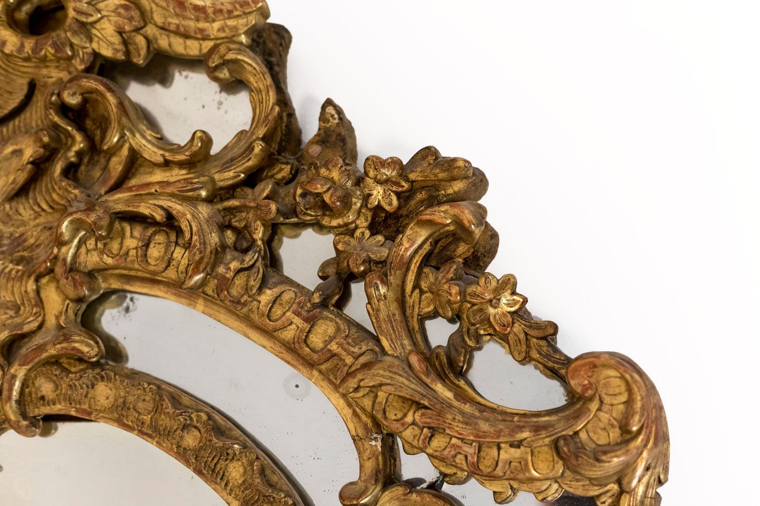 Découpage French Regence Style Giltwood Mirror, 18th Century