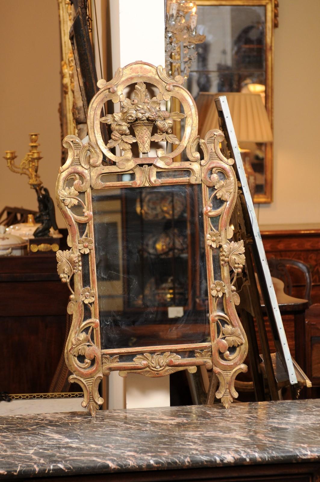 French Regence Style Giltwood Mirror with Carved Urn Crest & Foliage Detail For Sale 1