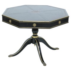 French Regence-Style Hexagonal Black and Gilt Leather Top Pedestal Center Table