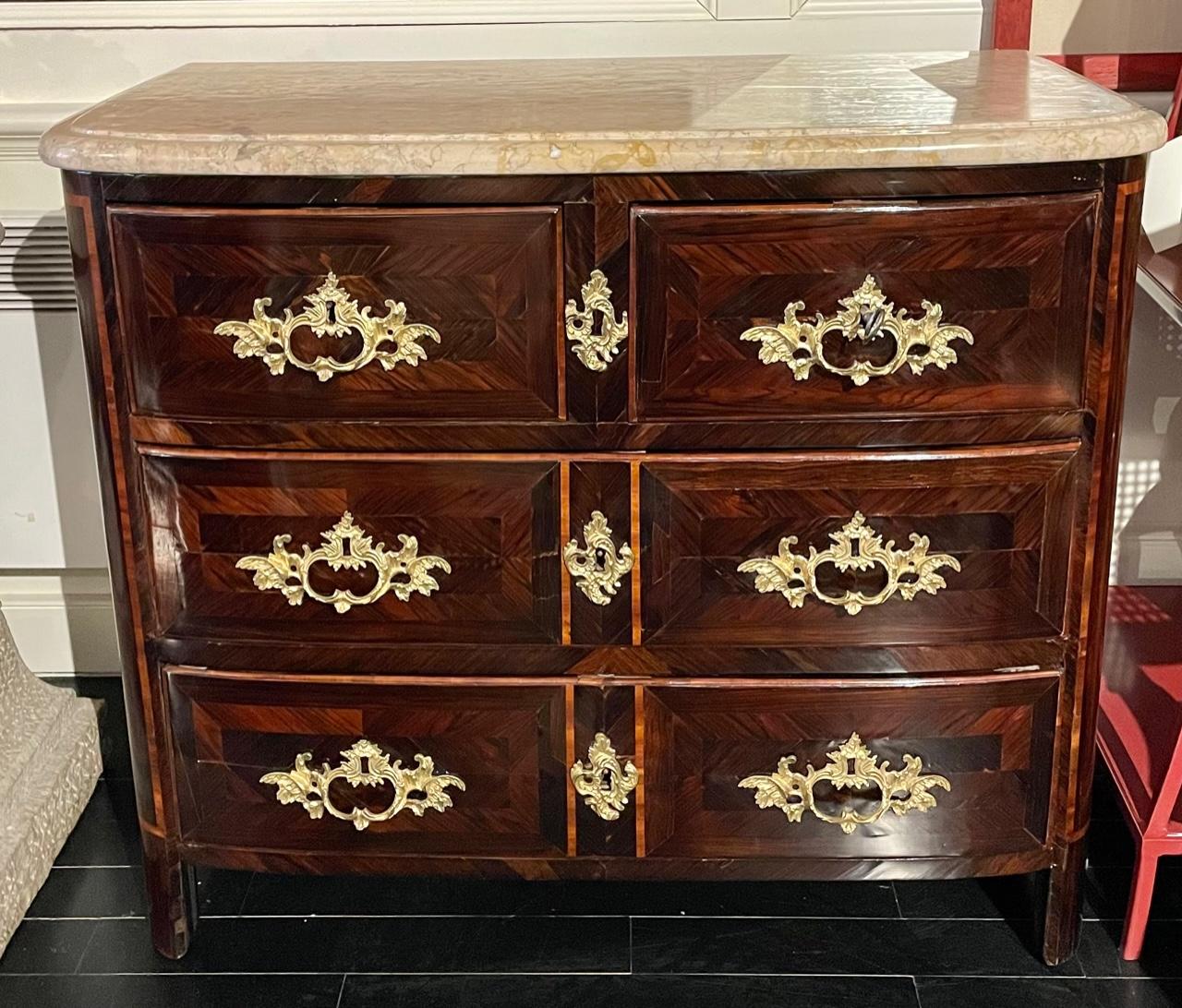 French Régence Style Marquetry Commode Dresser, Marble Top, Bronze Mounts For Sale 9