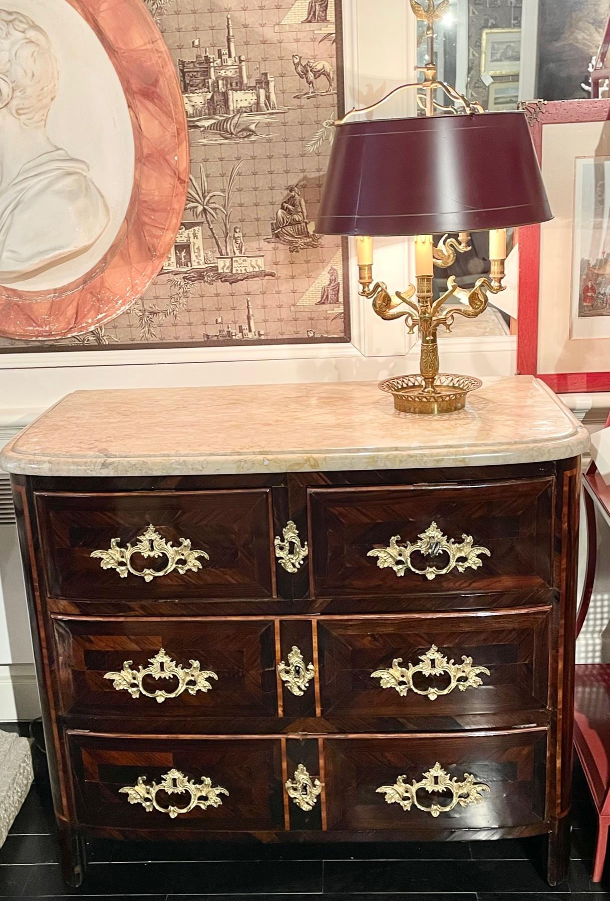 Regency French Régence Style Marquetry Commode Dresser, Marble Top, Bronze Mounts For Sale
