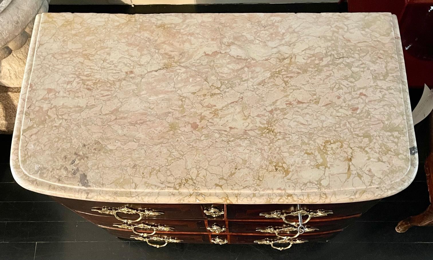 19th Century French Régence Style Marquetry Commode Dresser, Marble Top, Bronze Mounts For Sale