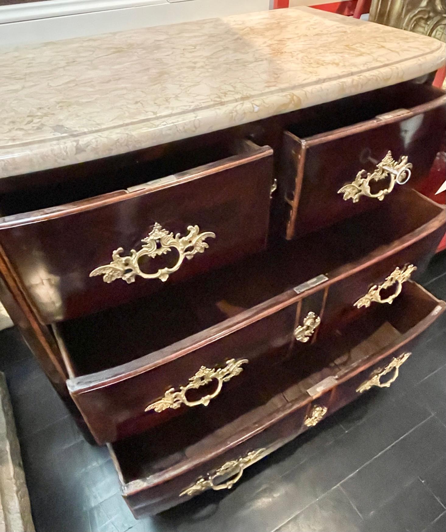 French Régence Style Marquetry Commode Dresser, Marble Top, Bronze Mounts For Sale 3