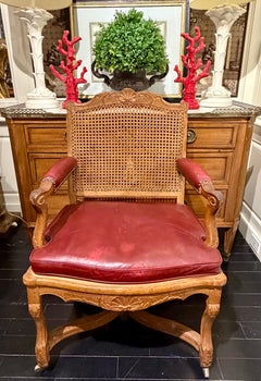 French Régence Style Pair of Caned Armchairs, Red Leather Cushions