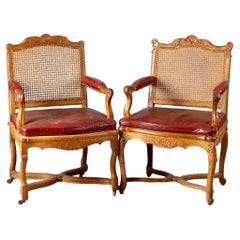 French Régence Style Pair of Caned Armchairs, Red Leather Cushions