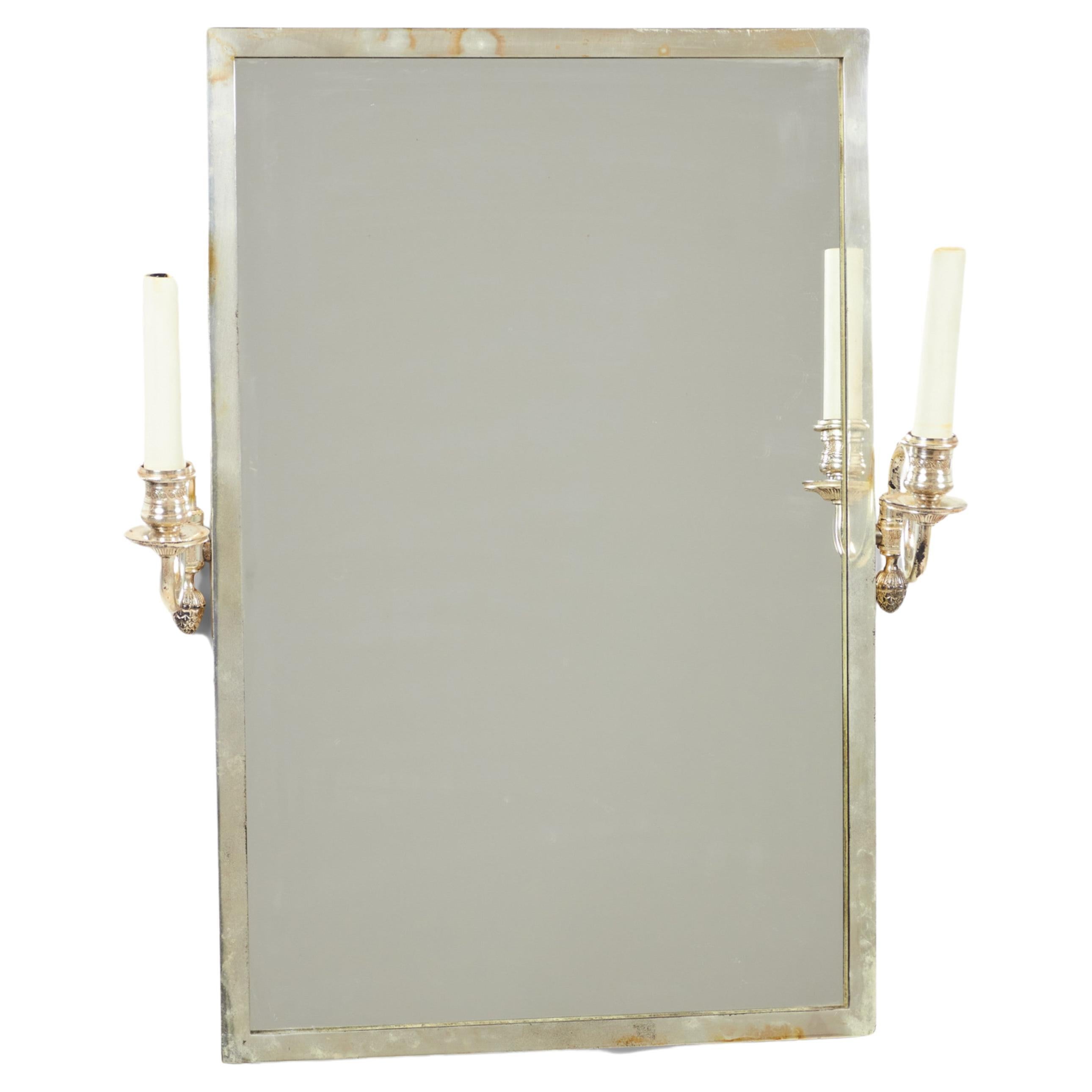 French Regence-Style Silver Wall Mirror with Two Sconce Arms