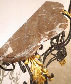 French Regence Style Wrought Iron and Tole Console, Rouge Marble Top, 20th C.